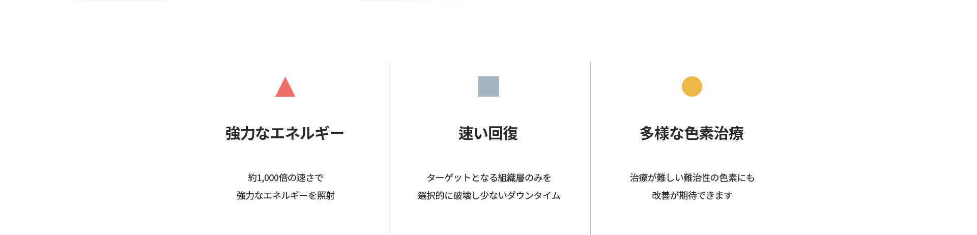 [強力なエネルギー] 約1,000倍の速さで強力なエネルギーを照射 [速い回復] ターゲット組織層のみを選択的に破壊し少ないダウンタイム [多様な色素治療] 治療が難しい難治性の色素にも改善が期待できます