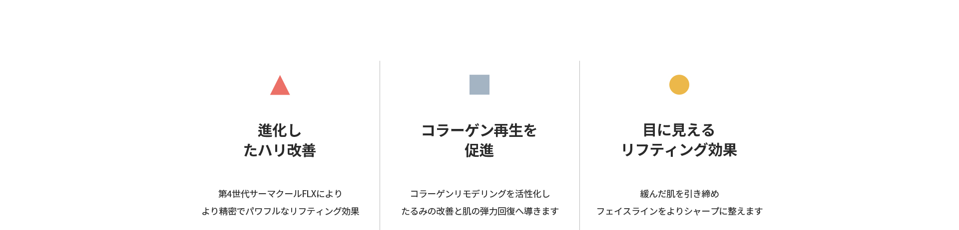 [進化したハリ改善] 第4世代サーマクールFLXによりより精密でパワフルなリフティング効果 [コラーゲン再生を促進] たるみの改善と肌の弾力回復 [目に見えるリフティング効果] 緩んだ肌を引き締めフェイスラインを整える