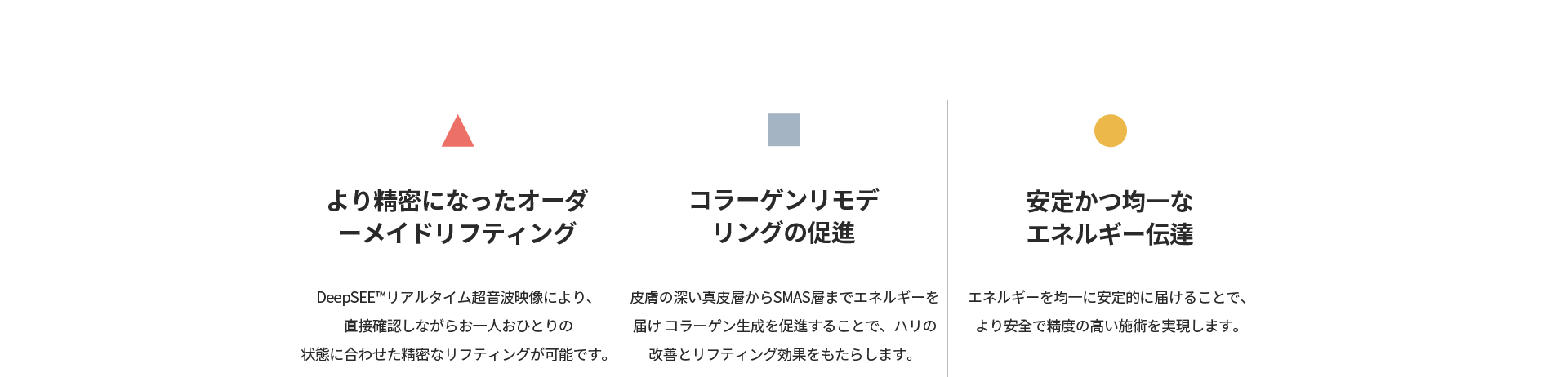 [より精密になったオーダーメイドリフティング] DeepSEEリアルタイム超音波映像で確認しながら精密な施術 [コラーゲンリモデリングの促進] 真皮層からSMAS層までエネルギーを届けハリ改善 [安定かつ均一なエネルギー伝達]