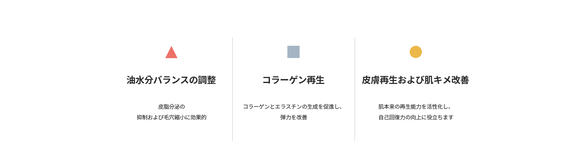 [油水分バランスの調整] 皮脂分泌の抑制および毛穴縮小に効果的 [コラーゲン再生] コラーゲンとエラスチンの生成を促進し弾力を改善 [皮膚再生および肌キメ改善] 肌本来の再生能力を活性化