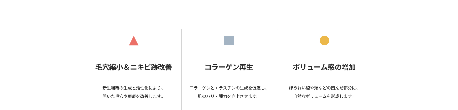 [毛穴縮小&ニキビ跡改善] 新生組織の生成と活性化により開いた毛穴や瘢痕を改善 [コラーゲン再生] 肌のハリ・弾力を向上 [ボリューム感の増加] ほうれい線や頬の凹んだ部分に自然なボリュームを形成