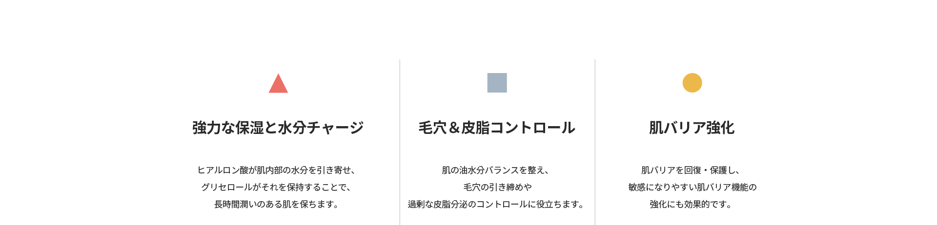 [強力な保湿と水分チャージ] ヒアルロン酸が肌内部の水分を引き寄せ長時間潤いのある肌を保つ [毛穴&皮脂コントロール] 肌の油水分バランスを整え毛穴の引き締め [肌バリア強化] 敏感になりやすい肌バリア機能を強化