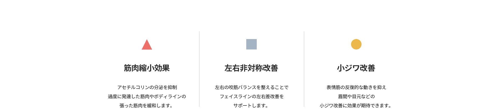[筋肉縮小効果] アセチルコリンの分泌を抑制し過度に発達した筋肉やボディラインの張った筋肉を緩和 [左右非対称改善] 左右の咬筋バランスを整えフェイスラインの左右差を改善 [小ジワ改善] 表情筋の反復的な動きを抑え眉間や目元の小ジワを改善