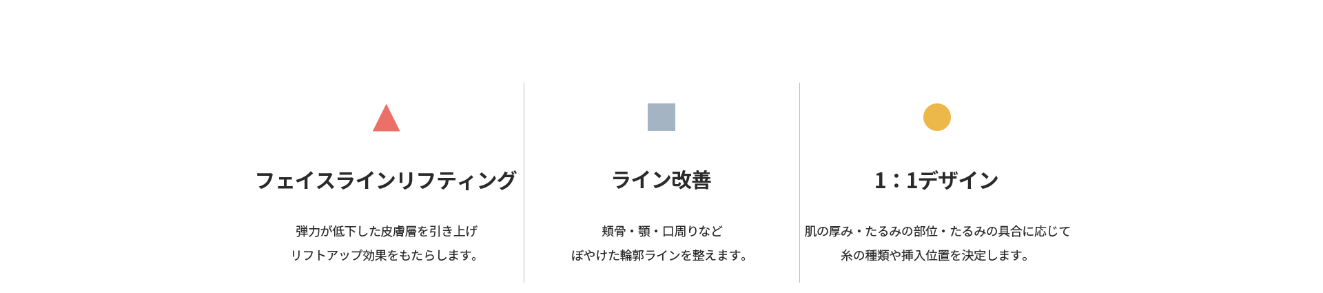 [フェイスラインリフティング] 弾力が低下した皮膚層を引き上げリフトアップ効果 [ライン改善] 頬骨・顎・口周りなどぼやけた輪郭ラインを整える [1:1デザイン] 肌の厚み・たるみの部位や具合に応じて糸の種類や挿入位置を決定