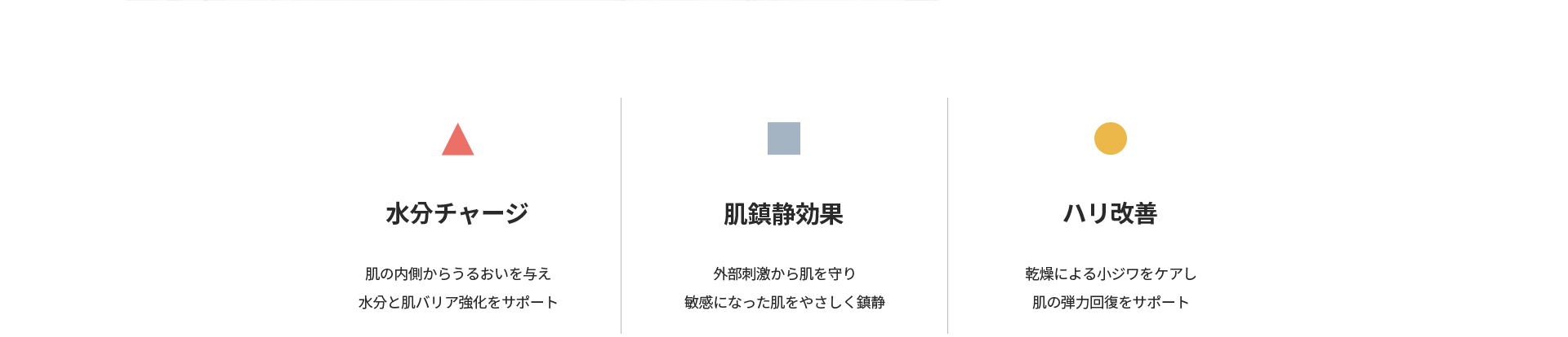 [水分チャージ] 肌の内側からうるおいを与え水分と肌バリア強化をサポート [肌鎮静効果] 外部刺激から肌を守り敏感になった肌をやさしく鎮静 [ハリ改善] 乾燥による小ジワをケアし肌の弾力回復をサポート